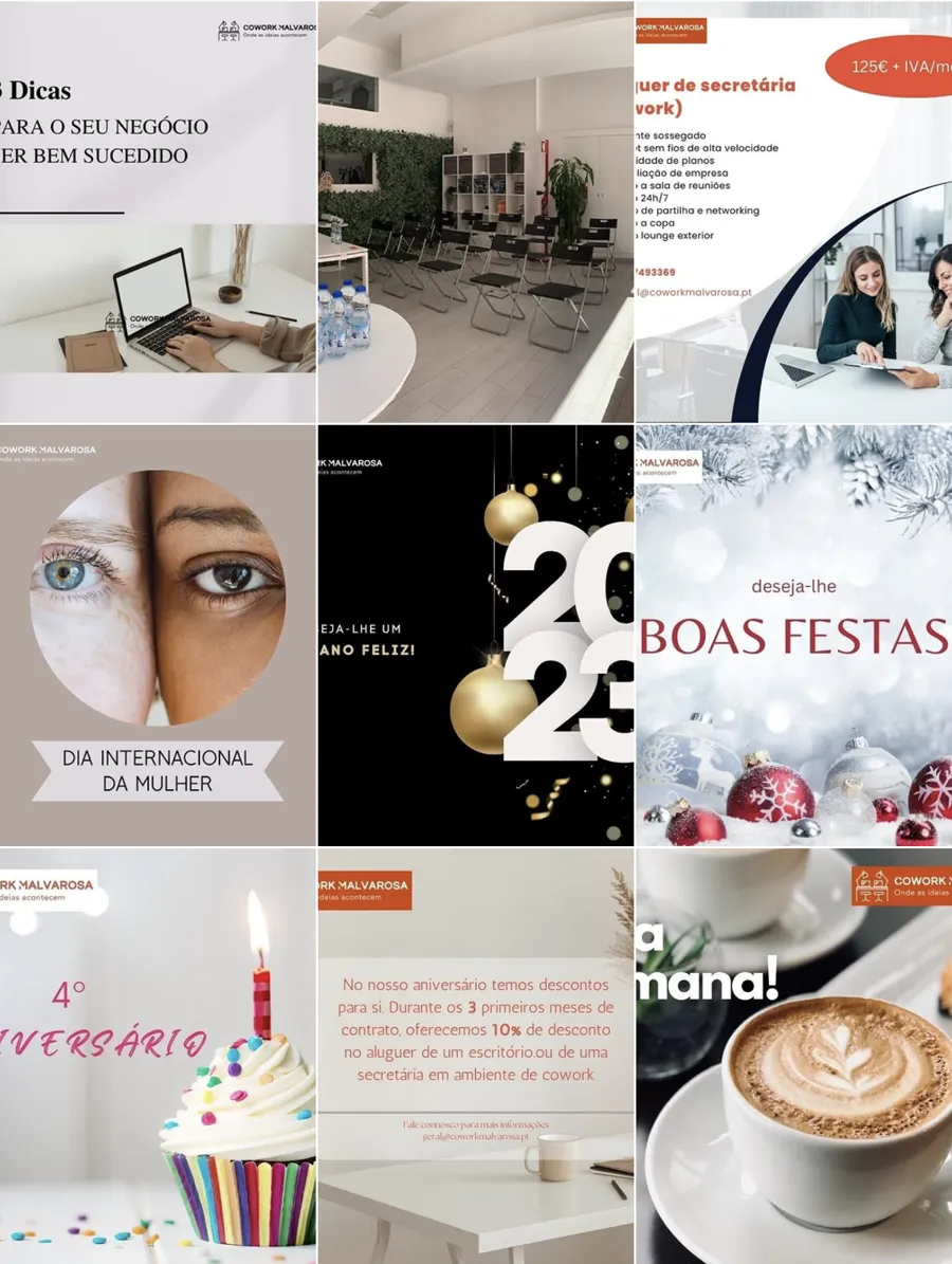 Antes: a grelha do Instagram do Cowork Malvarosa com postais antigos e imagens de banco