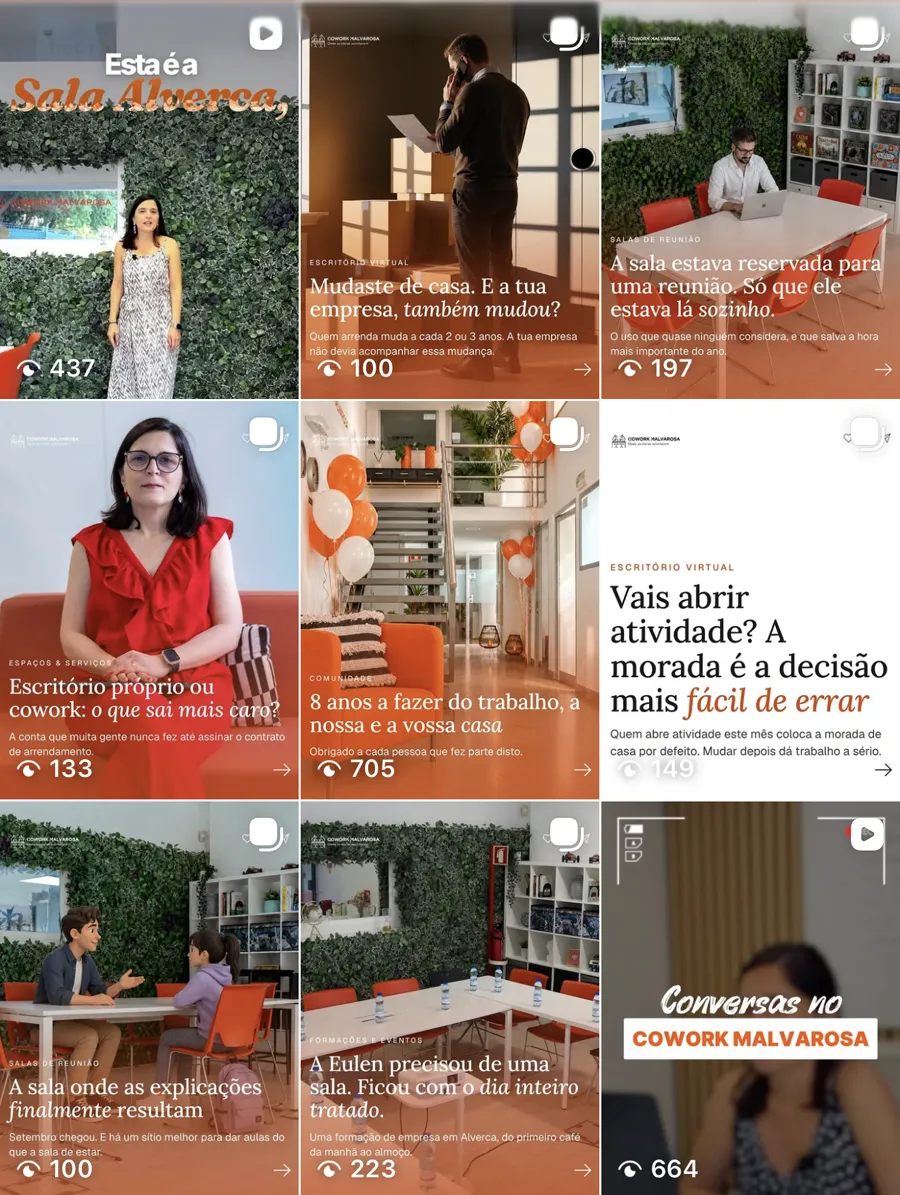 Depois: a grelha do Instagram do Cowork Malvarosa com o espaço e a equipa reais